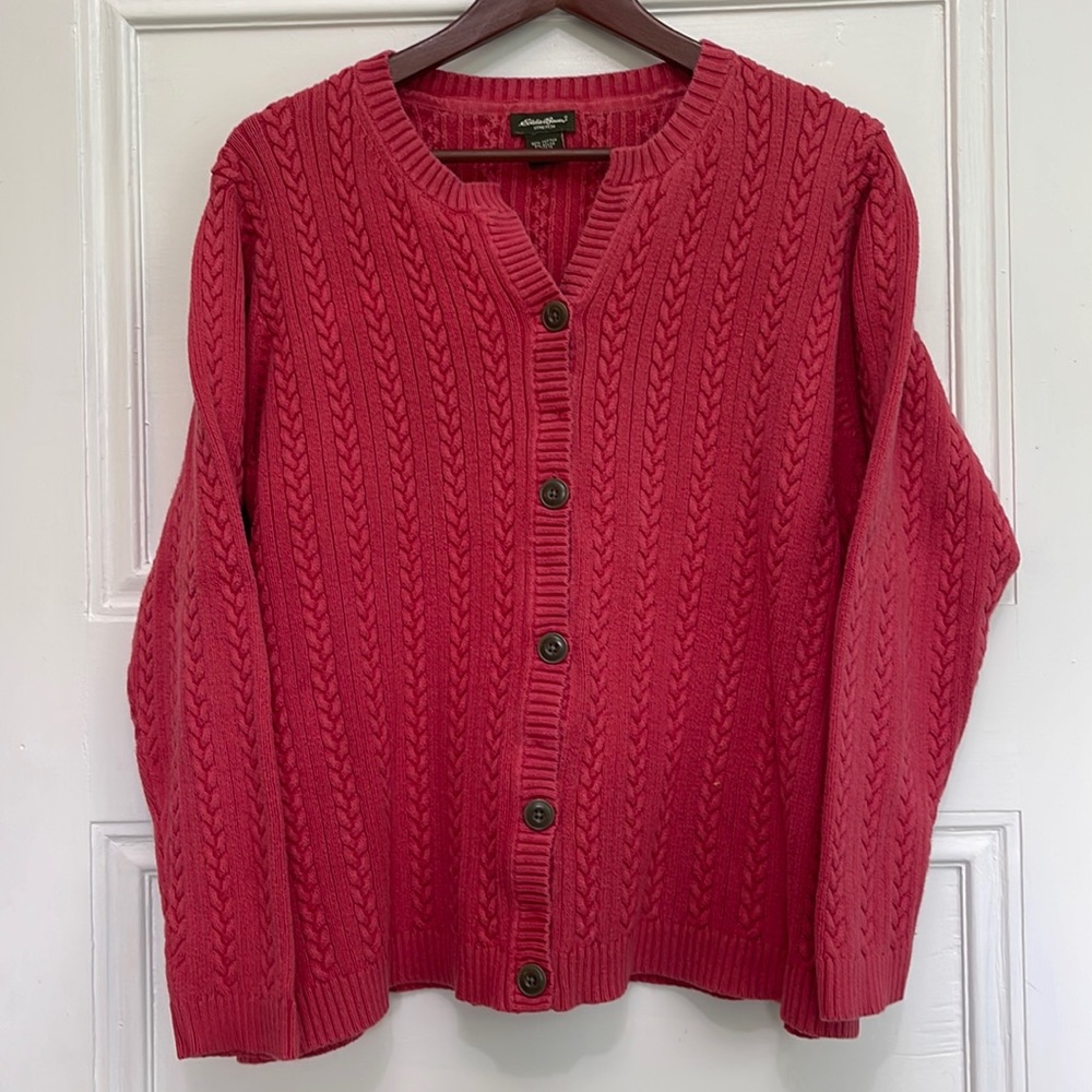 Lands’ End Cotton Cable Knit Cardigan Sweater Coral XXL